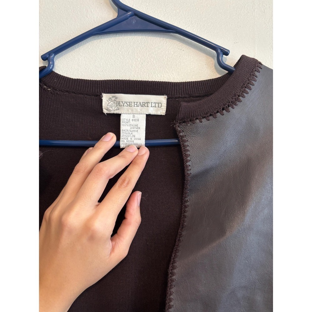 Y2K Preppy Leather Minimalist Silk Chocolate Brown Mocha Grunge Cardigan - Small - Picture 5 of 10